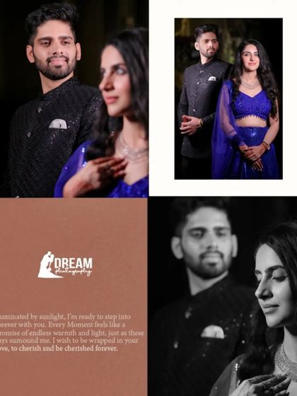 A collage from an engagement shoot, blending color and black and white portraits with poetic text to tell a story of love and light.