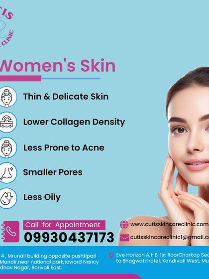 An informational graphic detailing the typical characteristics of women's skin, such as being thinner, having lower collagen density, and being less oily, which influences our treatment approach.