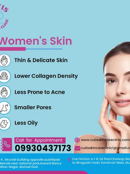 An informational graphic detailing the typical characteristics of women's skin, such as being thinner, having lower collagen density, and being less oily, which influences our treatment approach.
