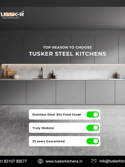 These are the top reasons to choose a Tusker kitchen. I use food-grade Stainless Steel 304, my designs are truly modular for complete flexibility, and everything is backed by my 25-year guarantee.