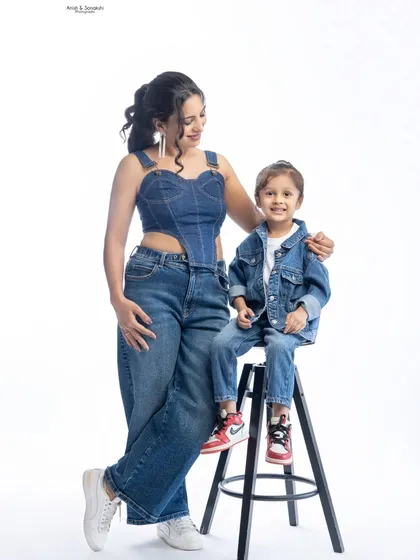 Twinning in denim with mom! This stylish mother-son portrait is a fun way to celebrate a child's milestone birthday.