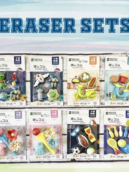I offer a wide variety of fun, themed 3D eraser sets, including space, food, fashion, and sports themes.