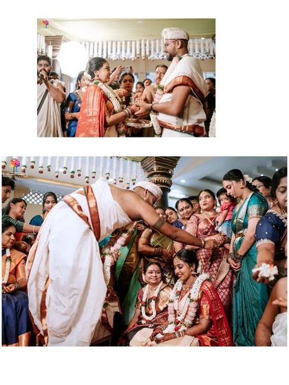 A collage of candid moments from a Brahmin wedding ceremony. We focus on capturing the intricate rituals and the blessings from family members.