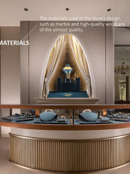 We used materials of the utmost quality, including marble, high-quality wood, and brass accents. The display niches are draped with rich fabrics, creating a theatrical and luxurious backdrop for the exquisite jewellery.