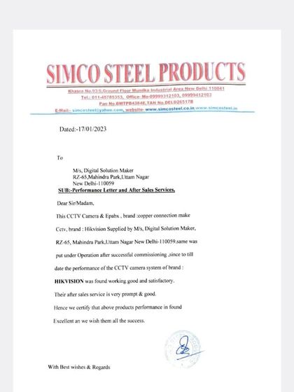 A performance letter from Simco Steel Products, certifying that the HIKVISION CCTV and EPABX system I installed was working well and that my after-sales service was prompt.
