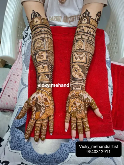 A unique design featuring various wedding symbols like the mangalsutra and sindoor in individual panels, creating a visual checklist of a beautiful union.