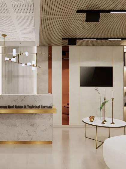 A 3D render for a luxurious real estate office reception in Dubai, using marble, gold accents, and statement lighting to create an impression of opulence and success.
