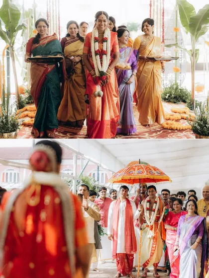 The bride and groom's entrances during a traditional temple wedding. I document these culturally rich moments with an eye for emotion and tradition.