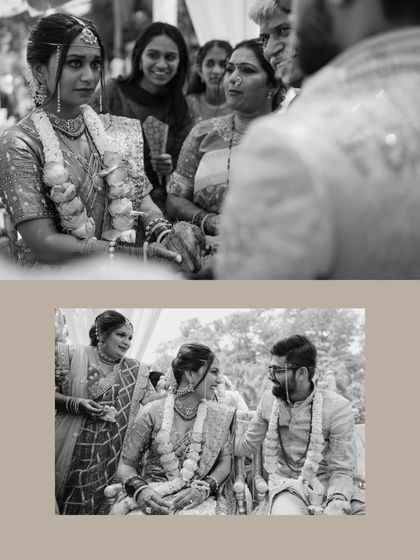Black and white moments from Gauri and Darshak's wedding, capturing the emotional expressions of the bride and the quiet conversations between the couple.