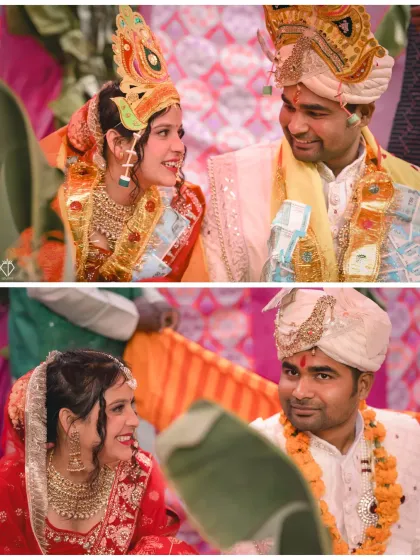 A collage capturing the happy expressions and rituals of the couple during their wedding ceremony.