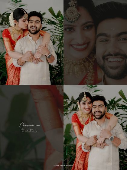 A collage of the couple's romantic moments, their traditional red attire looking vibrant against a simple background.