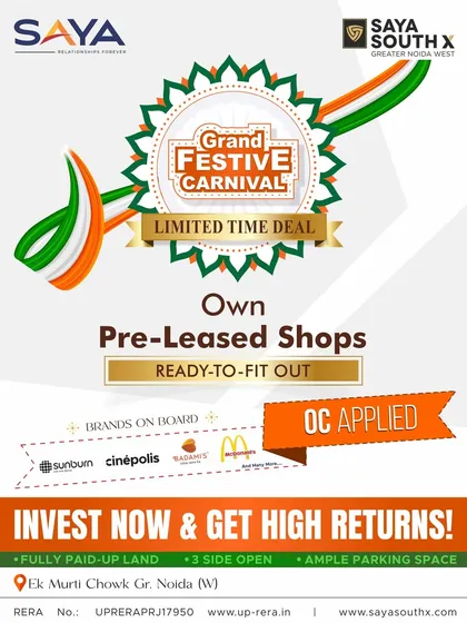 Our Grand Festive Carnival extends to Saya South X, offering a golden chance to invest in pre-leased shops with top brands already onboard. With OC applied, these spaces are investment-ready and promise high returns.
