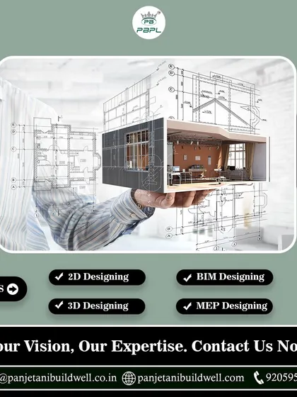 This graphic illustrates our integrated design services, showing how a 2D blueprint evolves into a 3D model and a tangible interior space. We manage every technical aspect, including 2D, 3D, BIM, and MEP designing, to bring your vision to life.