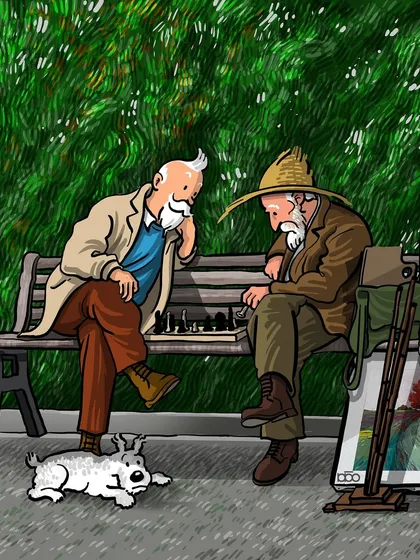 A delightful crossover where two beloved characters meet. I've drawn Vincent van Gogh playing chess on a park bench with Captain Haddock from the Tintin comics, with Snowy the dog resting at their feet. It's a whimsical meeting of two different artistic universes.