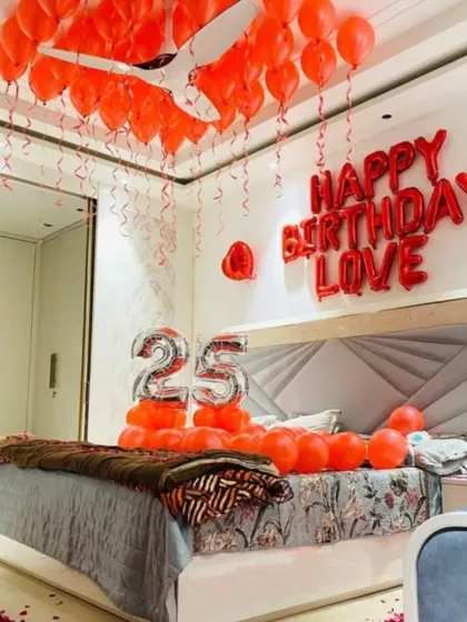 The complete 25th birthday bedroom surprise, ready for the celebration.