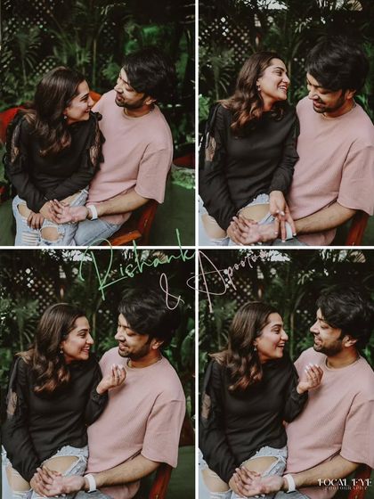 A collage of candid moments from a casual cafe date pre-wedding shoot. These images are full of genuine smiles and laughter, perfectly capturing the couple's chemistry.