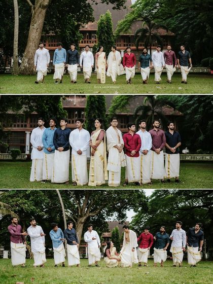 A fun portrait of the bride and groom with the groomsmen, all dressed in traditional mundus.