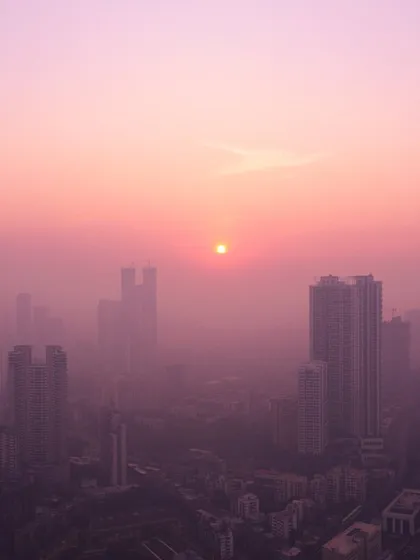 The sun appears as a small, bright dot in a pink, hazy sky above the silhouettes of Mumbai's buildings.