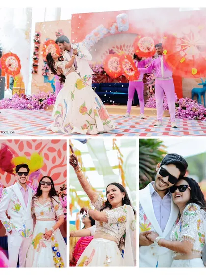 A collage from a vibrant, carnival-themed pre-wedding event, showing the couple dancing, posing, and having fun.