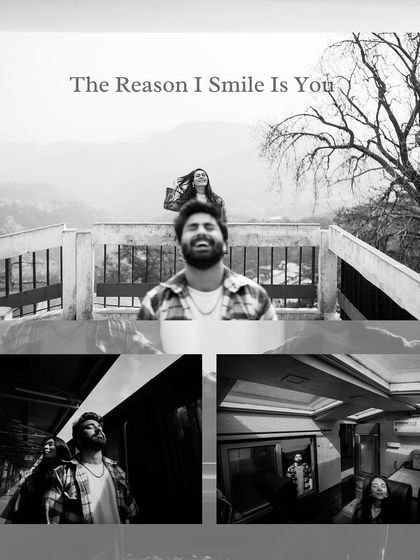 A black and white collage capturing the joy and freedom of a couple against a mountain backdrop and at a train station.