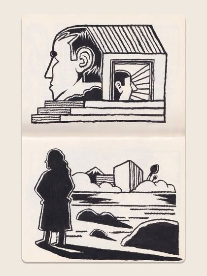 These two drawings explore themes of introspection and perspective, using the motif of a head as a house or a room.