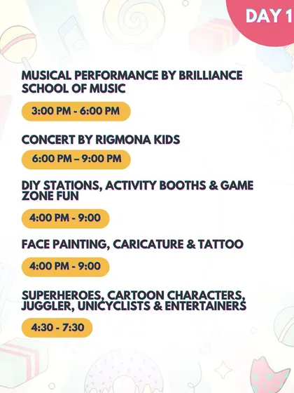 The Day 1 schedule for the Candylicious Carnival, featuring live music, a game zone, and character meet-and-greets. I ensure a packed schedule of entertainment from start to finish.
