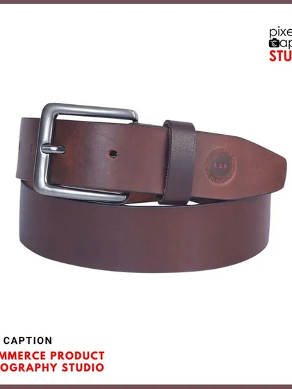 A branded shot of a rolled brown leather belt, ideal for social media or website use.