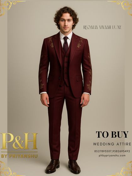 A full-length view of the wine-colored suit, perfect for a groom's reception or a formal evening event.