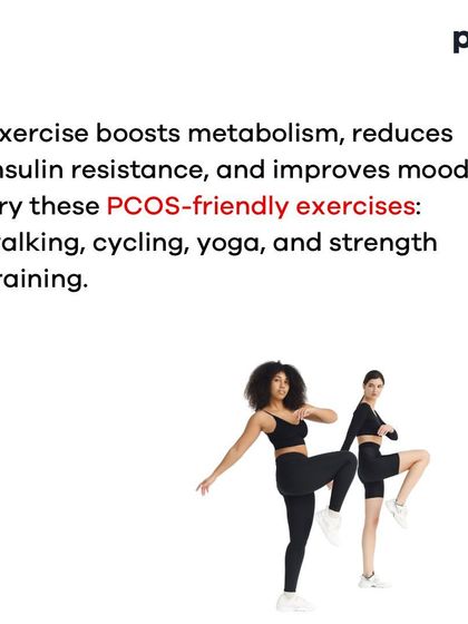 A comprehensive carousel on weight loss tips for women with PCOS. It explains that while hormonal imbalances make it challenging, focusing on nutrient-dense foods, PCOS-friendly exercises like yoga and strength training, and self-love can lead to success.