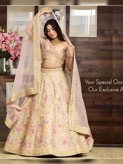 Your special occasion, my exclusive attire. This beautiful pastel floral lehenga is waiting for you to rent.