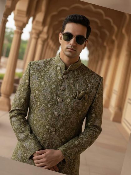 A three-quarter shot of the olive green Mehendi sherwani. The intricate floral embroidery is visible here, adding a layer of sophisticated detail to the festive look.