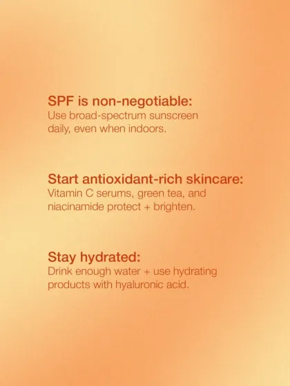 Here are foundational habits for preventative skincare in your 20s. Daily SPF is non-negotiable, antioxidant-rich skincare protects and brightens, and staying hydrated is crucial.