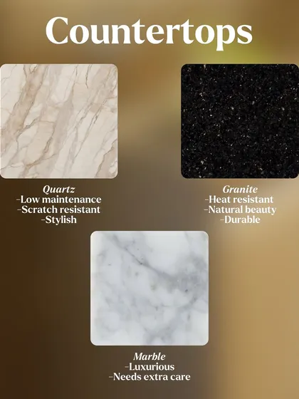 An overview of our popular countertop choices: stylish and low-maintenance Quartz, heat-resistant and durable Granite, and luxurious Marble.