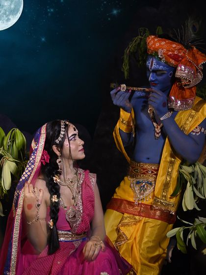 A composite image of the Radha-Krishna makeup, creating a divine and narrative scene. We help students build a portfolio with such storytelling images.