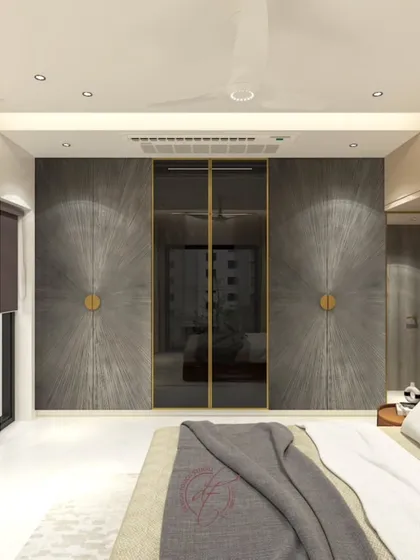 A full view of the bedroom from the foot of the bed, highlighting the dramatic radial-patterned wardrobes and the harmonious color palette.