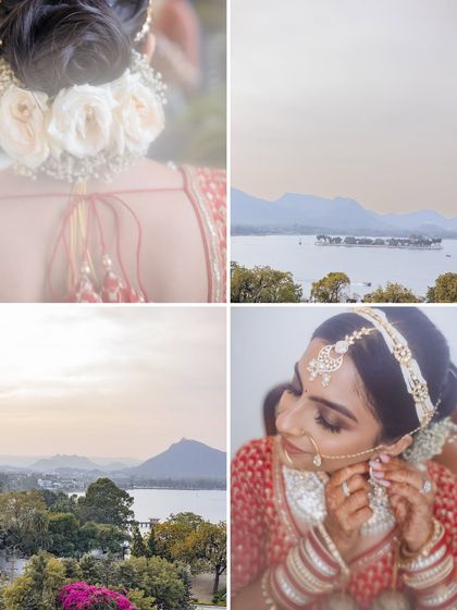A collage showcasing the breathtaking views of Lake Pichola from The Lalit, Udaipur, setting the scene for a regal and picturesque destination wedding.