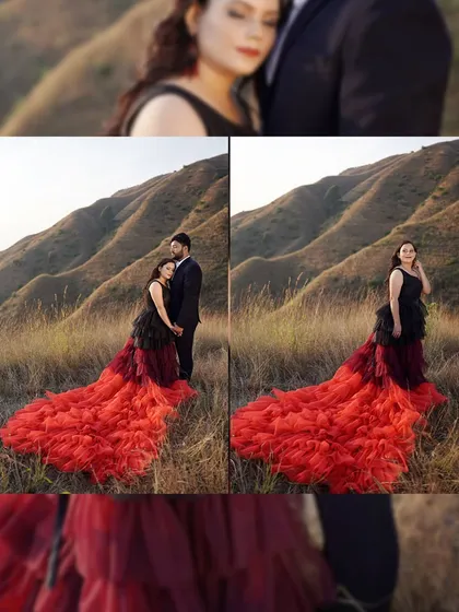 A diptych showcasing a woman's magnificent red and black ruffled gown against the backdrop of rolling hills, highlighting the drama and style of the shoot.