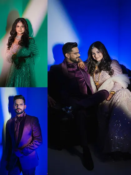 A collage showcasing the modern, stylish portraits from Abhilash and Jagruti's engagement. I use creative lighting to capture both individual portraits and couple shots that reflect your personality.