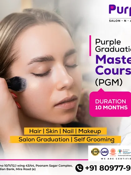 This is our most comprehensive program for a full career in cosmetology. The 10-month Purple Graduation Master Course covers everything: Hair, Skin, Nail, Makeup, and even Salon Management and Self Grooming. It's your complete path to becoming a certified beauty professional.