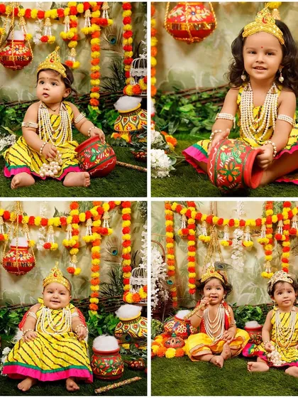 A collage showcasing the Radha and Krishna costumes for the Janmashtami mini sessions, announcing new dates.
