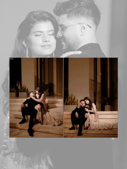 This creative layout overlays a close-up portrait with smaller scenes from the same shoot. It highlights the couple's affectionate moments and the overall romantic vibe of their session.