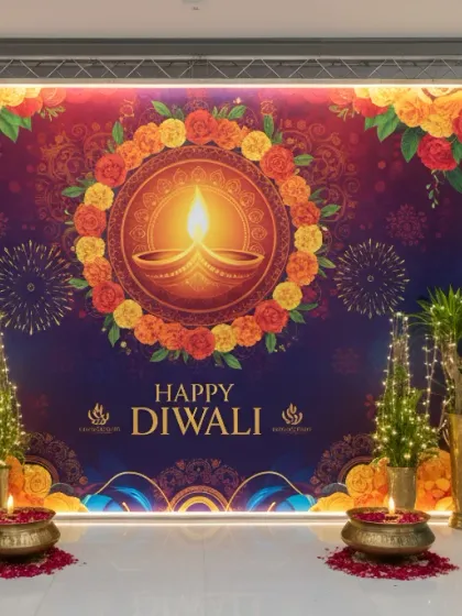 A backlit fabric backdrop creates a warm and inviting glow for this corporate Diwali celebration. The design features a central diya surrounded by marigolds, perfectly capturing the essence of the festival of lights and providing a beautiful focal point in the office lobby.