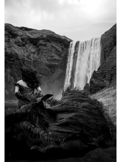 A black and white version of the green gown look, emphasizing the texture, drama, and silhouette of the dress. Sometimes, removing color lets the form and emotion shine through.