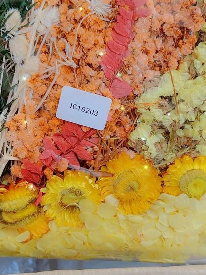 A vibrant kit of yellow and orange dried flowers, perfect for creating sunny, cheerful resin art or for decorating summer-themed candles.