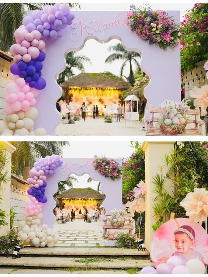 A collage showing the entrance to Hitanshi's enchanted garden party. A grand arch with a cascade of pastel balloons and a whimsical cutout creates a magical entryway for a butterfly-themed birthday.