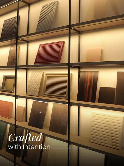 Texture tells a story. This image shows a selection of our curated tile and panel collection, designed to transform surfaces into statements. Each piece is crafted with intention to add depth and dimension to your interiors.