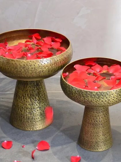 My Sona Urlis have a beautiful hammered texture and antique finish. They are perfect for filling with water and floating rose petals to create a serene and elegant centerpiece.