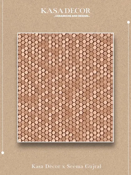 A warm metallic honeycomb tile created for the Seema Gujral store. Each hexagon reflects intention, bringing quiet luxury and delicate texture to the space.