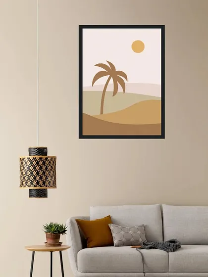 A single framed print depicting a minimalist desert horizon with a single palm tree. The warm, sandy tones create a peaceful and serene atmosphere, perfect for a calm and relaxing space.