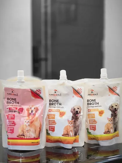 Here's a look at my range of bone broths. Each one is packed in a convenient, ready-to-serve pouch, making it easy to add a splash of health to your pet's bowl.